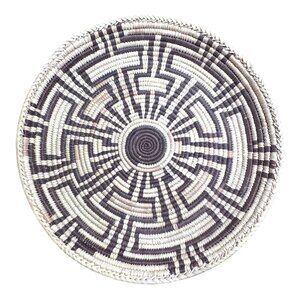 Vintage Handwoven Natural Coil Basket Crosses Maze Tribal Catch All Signed 12"